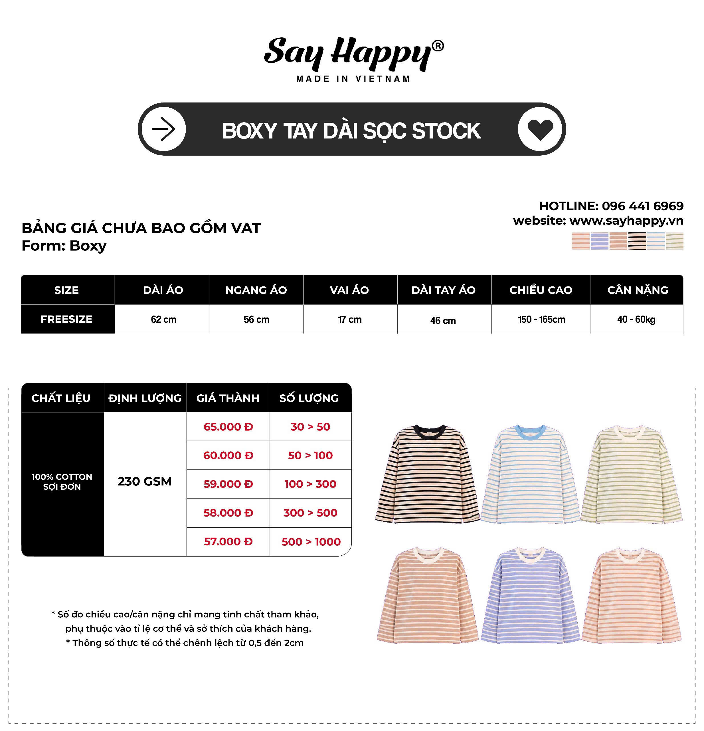 bảng giá tay dài sọc say happy